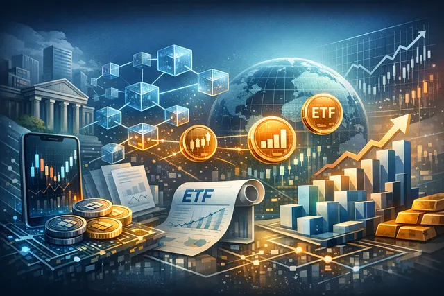 Conceptual visualization of tokenized stock market growth on a blockchain network, with price charts and digital asset icons