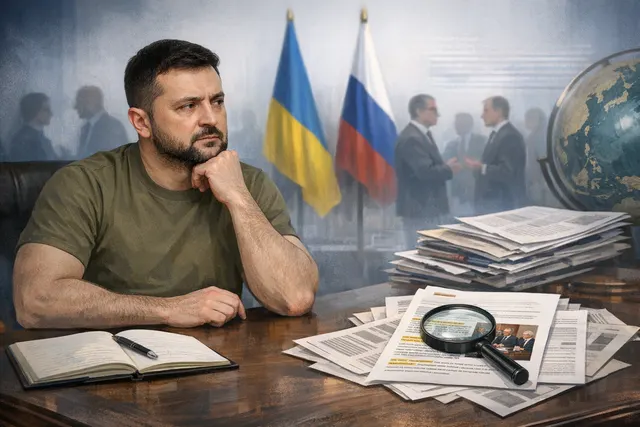 A conceptual image of Ukrainian President Volodymyr Zelenskyy at a press conference, symbolizing his stance on rejecting face-saving for Putin and calling for stronger sanctions.