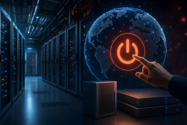 AI-generated illustration accompanying a report on the Kiteworks server shutdown warning