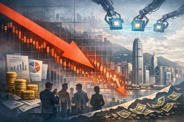 Editorial illustration of Alibaba shares falling as the company raises $10.2 billion for AI infrastructure, chips and Qwen models