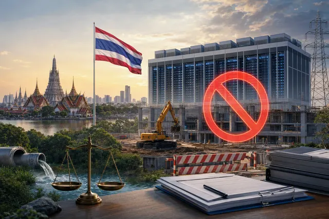 Editorial illustration representing Thailand’s data-centre expansion and regulatory review