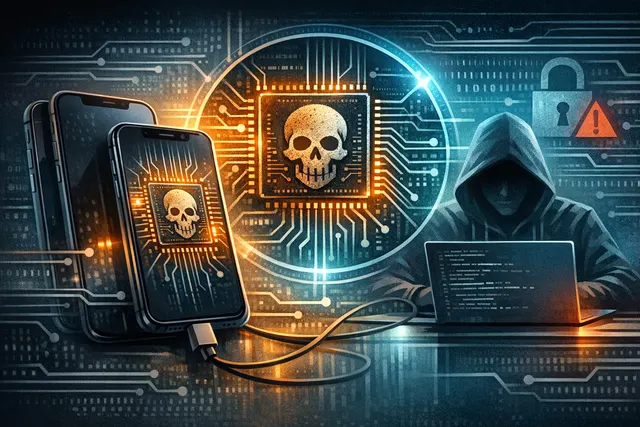 Illustration of an iPhone XS and iPhone 11 with a glowing circuit diagram overlay, representing the unpatchable BootROM vulnerability usbliter8