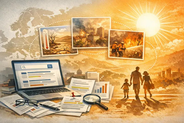 AI-generated editorial hero image showing a map of Europe with heat wave temperatures and power grid icons