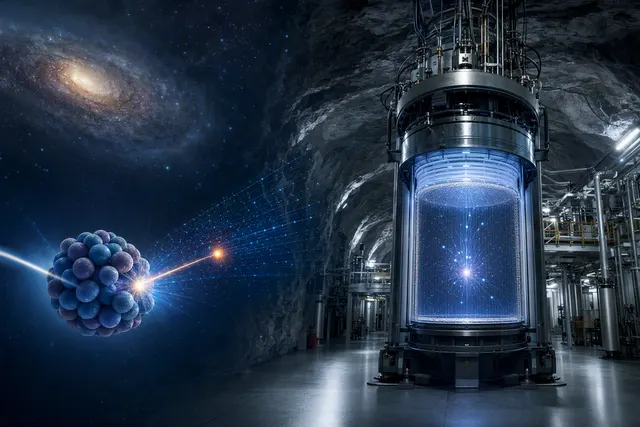 Editorial illustration of the LUX-ZEPLIN dark-matter search and a high-energy xenon recoil event