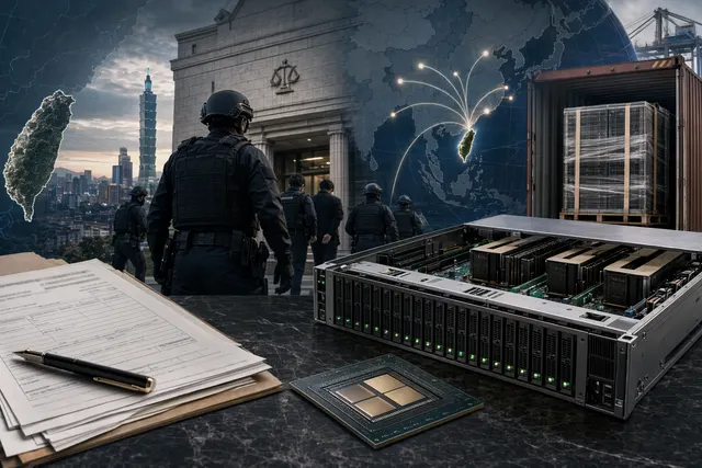 Illustration of Nvidia AI servers and semiconductor export controls linked to Taiwan’s crackdown on AI chip smuggling