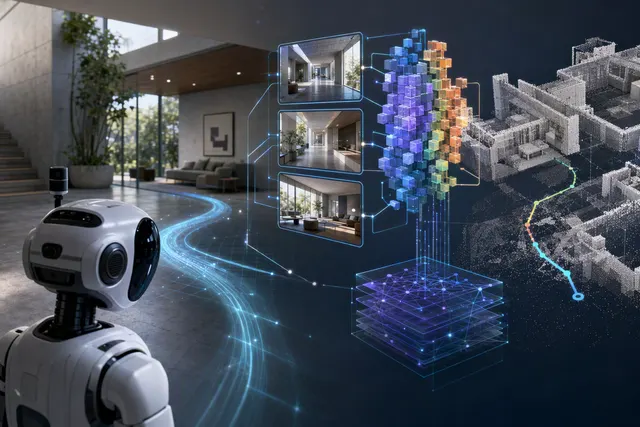Illustration of a robot using visual and language-based navigation