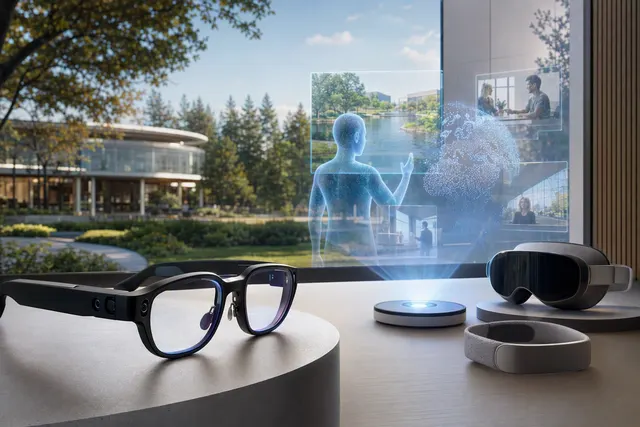 Editorial illustration of lightweight mixed-reality glasses and spatial communication