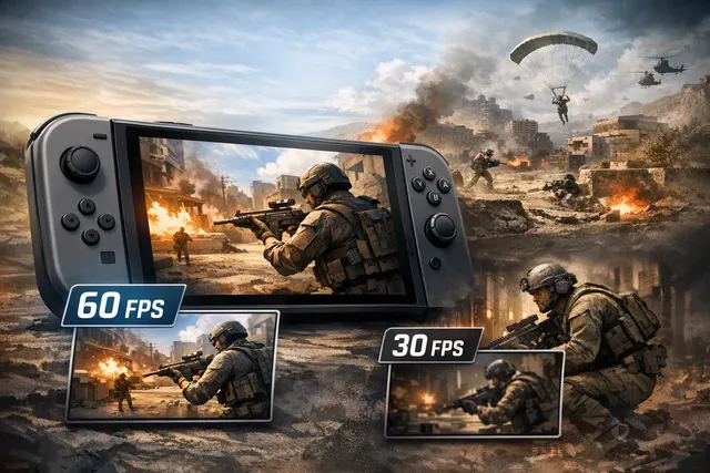 Editorial illustration of Call of Duty Modern Warfare 4 gameplay on Nintendo Switch 2, highlighting the performance and visual trade-offs of the beta