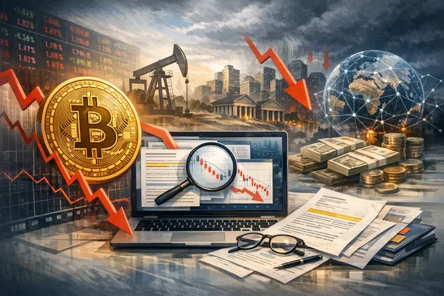 Bitcoin price chart showing consolidation around $65,000 with macro factors in the background
