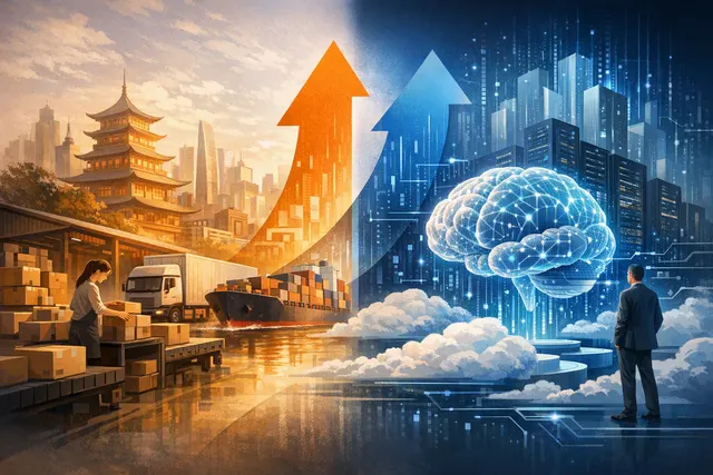 Editorial illustration of Alibaba’s shift from e-commerce toward AI cloud computing and a full-stack AI platform