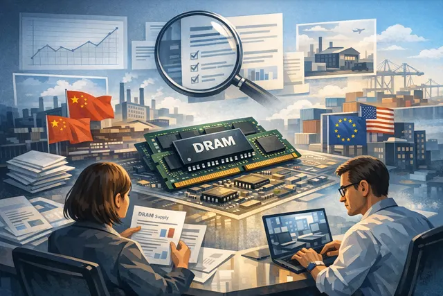 Conceptual illustration of a global DRAM supply chain showing a memory chip shortage and the emergence of China's CXMT as a semiconductor supplier.
