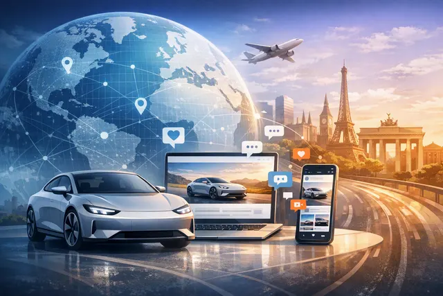 Editorial illustration of Xiaomi Auto preparing its global website and 2027 European EV launch