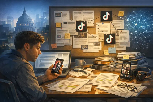 Sam Altman speaking at an event, with a conceptual overlay of TikTok and Sora app icons and EU regulatory symbols