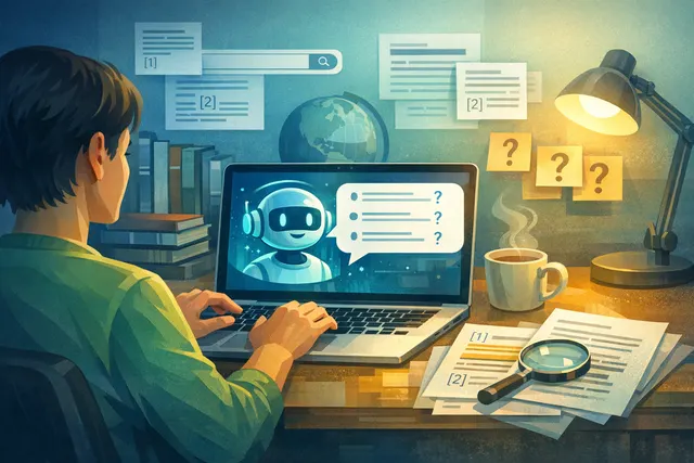 Abstract digital illustration of ChatGPT showing a text prompt window with a user instruction and clarifying questions appearing on the screen.