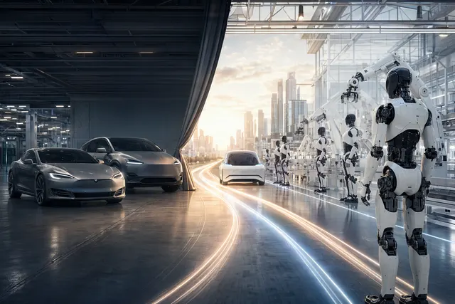 Editorial illustration of a Tesla vehicle beside a humanoid robot, symbolizing the shift from Model S and Model X production toward autonomy and Optimus.