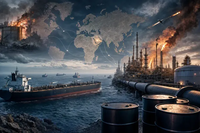 Illustration of oil tankers and refinery infrastructure amid fuel-market disruption near the Strait of Hormuz