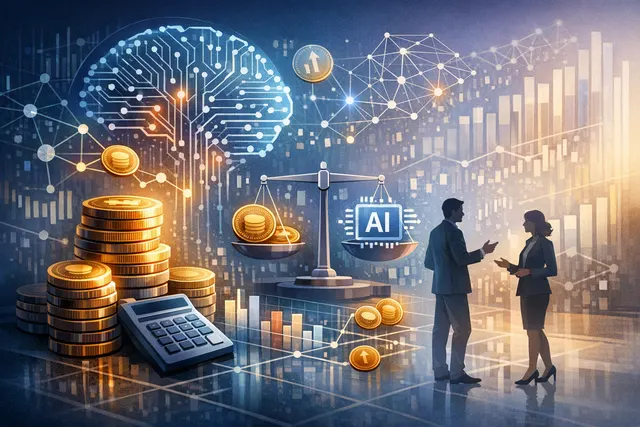 Editorial illustration representing the Linux Foundation Tokenomics Foundation and the economics of AI infrastructure, featuring abstract financial data and AI theme