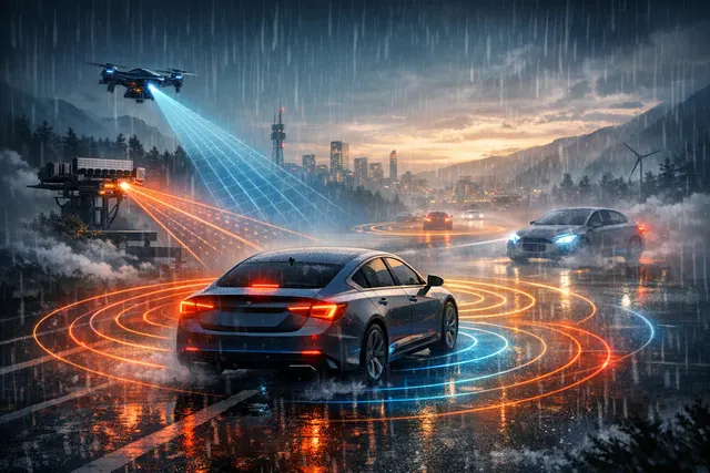 Conceptual rendering of Xavveo's distributed photonic radar system detecting a swarm of small drones over an urban perimeter at night.
