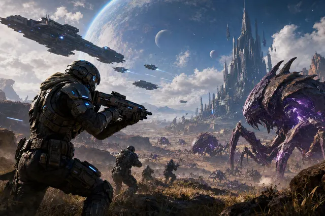 Editorial illustration representing Blizzard’s newly announced StarCraft open-world shooter