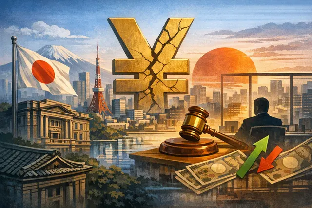 Editorial illustration of Scott Bessent, the Bank of Japan, and the Japanese yen near ¥160 per dollar