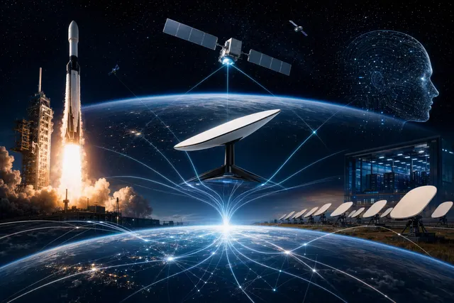 Concept illustration of SpaceX’s evolving strategy combining Starlink satellites, Starship rockets, and AI infrastructure