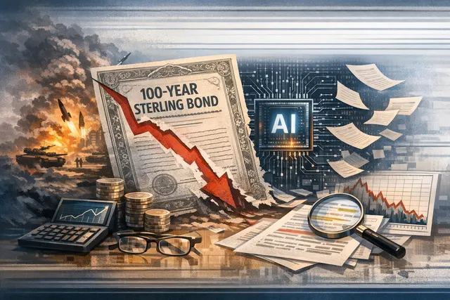 Financial market chart showing Alphabet's century bond price decline below 90 pence, overlaid with rising yield curve and oil price spike data