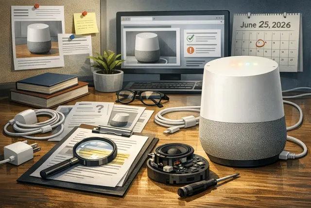 Google Home Speaker on a desk with its USB-C power cable plugged in, showing the permanently attached cable