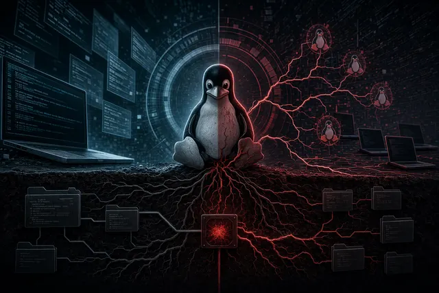 Concept illustration of the OrBit Linux rootkit infecting multiple system processes