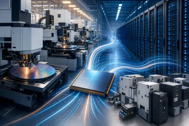 AI-generated illustration of semiconductor manufacturing equipment and data-center infrastructure