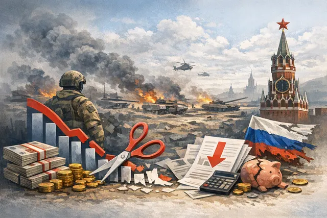 Illustration of Russia’s 2026 budget crisis, showing a sinking ruble, Treasury deficit figures and military spending shielded from civilian cuts
