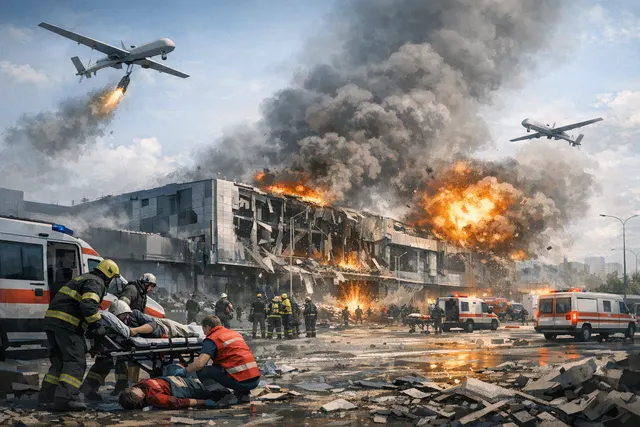 AI-generated editorial illustration of a damaged shopping centre in Kryvyi Rih after a reported Russian double-tap drone strike
