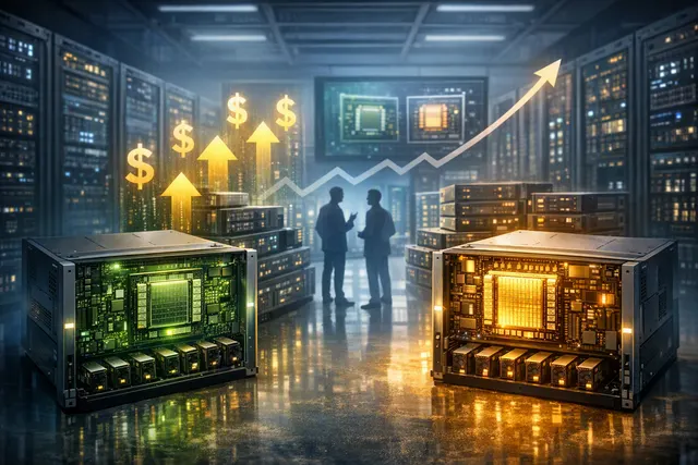 Illustration of Nvidia Vera Rubin and Grace Blackwell AI server racks with rising memory costs