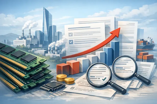 A striking digital illustration depicting a semiconductor memory market in a heated state, with glowing DRAM and HBM chips forming a flame-like shape to represent price surges and