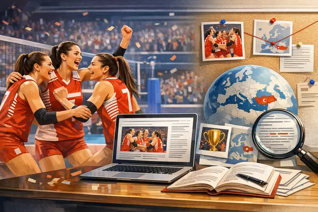 AI-generated illustration of the Turkish women's national volleyball team celebrating their 2026 VNL championship victory with confetti and trophy