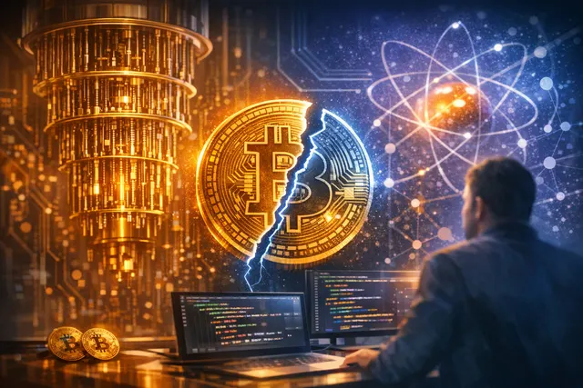 Quantum computing threat visualization showing encrypted network data streams between financial institutions being intercepted as a systemic risk to crypto infrastructure
