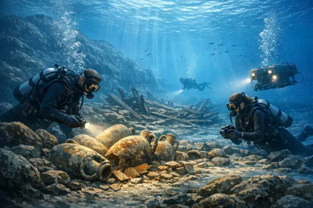 AI-generated underwater illustration of an ancient Greek shipwreck surrounded by amphorae off Andros