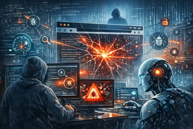 AI-driven cybersecurity interface abstractly visualizing a flood of vulnerability alerts, reflecting the record Chrome 149 patch and depthfirst FFmpeg discovery.