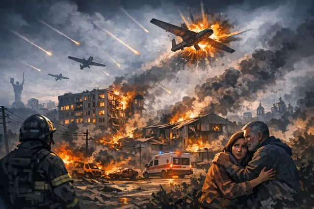 Editorial illustration of drone attacks and air-raid warnings over Kyiv, Ukraine