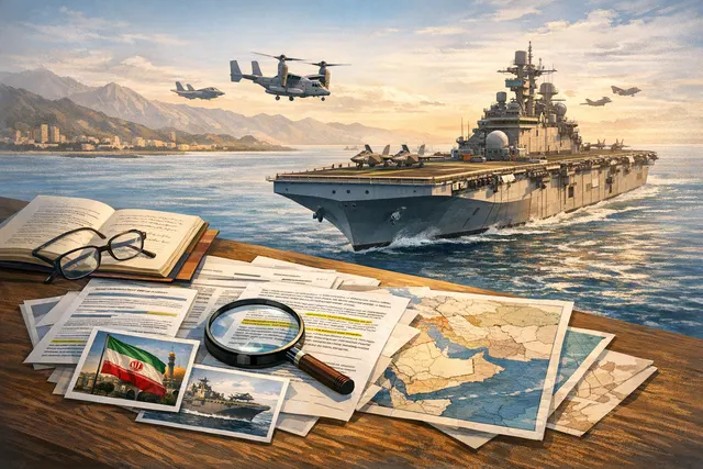 AI-generated illustration of the USS Tripoli amphibious assault ship transiting from the Middle East toward the South China Sea, representing the US Navy's strategic pivot back to