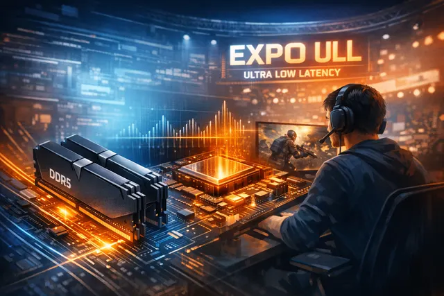 AMD EXPO Ultra Low Latency (ULL) DDR5 memory technology rendering with a Ryzen processor, gaming visuals, and timing diagrams.