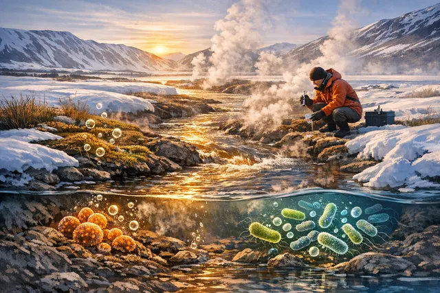 An icy Arctic landscape split by a geothermal stream, symbolizing the clash between natural methane feedback and geoengineering solutions.