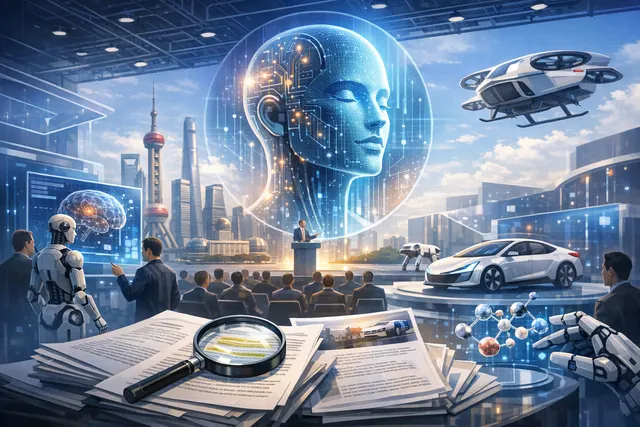 The Shanghai skyline at night with the 2026 World Artificial Intelligence Conference (WAIC) logo projected onto a building, symbolizing China's AI ambitions and global governance p