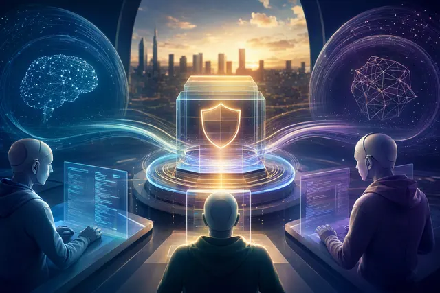 AI-generated editorial illustration for an article about Microsoft’s AI-agent security controls.