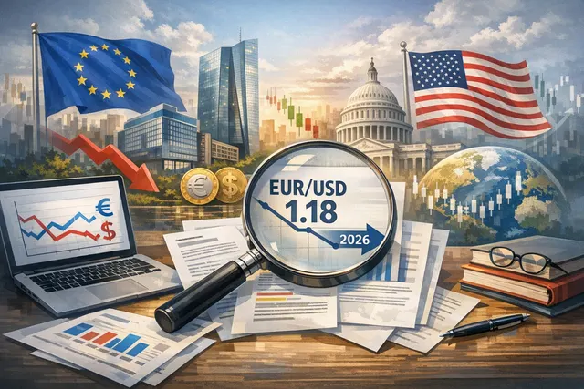 Editorial illustration of EUR/USD exchange rate chart with euro and dollar symbols near 1.1440 level