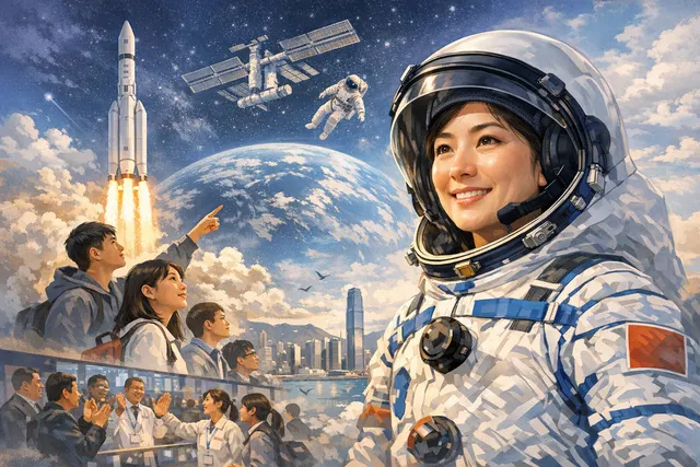 Astronaut hovering above Hong Kong's dramatic skyline, connecting the city with space exploration and youth potential.