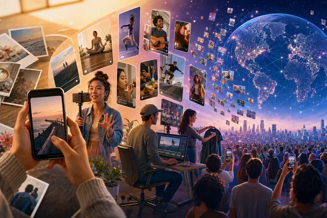 Editorial illustration marking Instagram’s growth from a photo-sharing app into a global social platform.