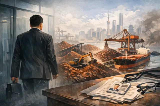 Illustrative editorial image of an iron-ore trading operation under pressure