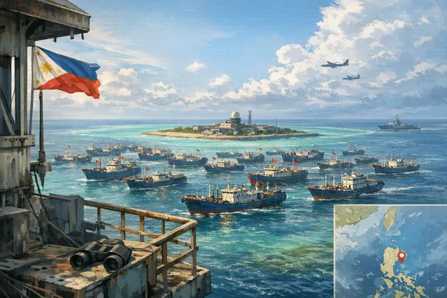 AI-generated illustration of Chinese fishing vessels massed near a disputed reef in the South China Sea