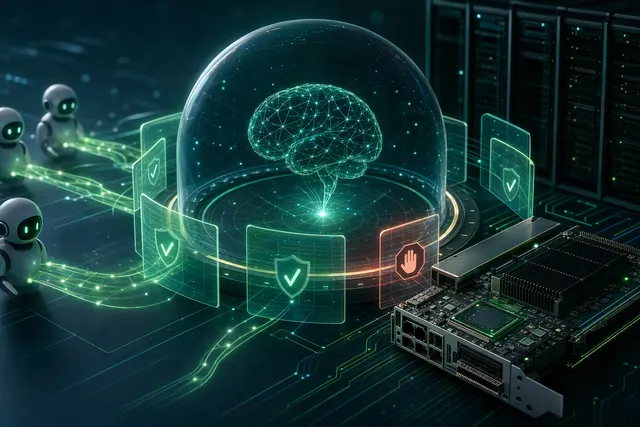 Illustration of an AI agent within layered digital boundaries, with a separate monitoring layer.