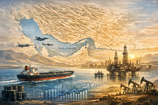 A stylized map of the Strait of Hormuz with oil tanker routes and pipeline bypass arrows from the Persian Gulf to the Red Sea and Gulf of Oman
